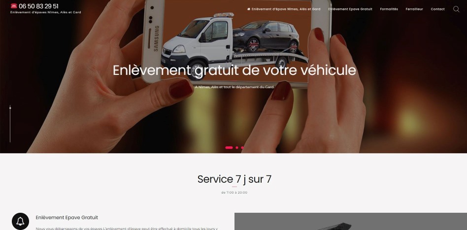 capture page accueil du site Enlèvement d'épaves Nîmes, Alès et Gard